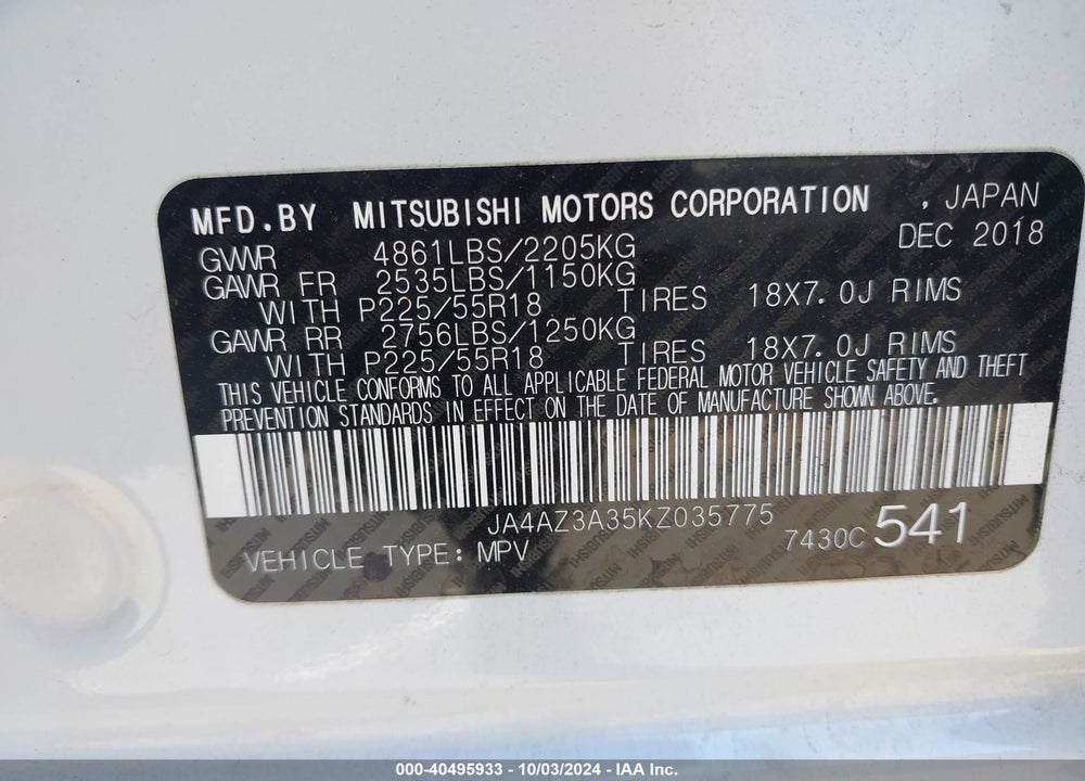 2019 MITSUBISHI OUTLANDER ES VIN: JA4AZ3A35KZ035775