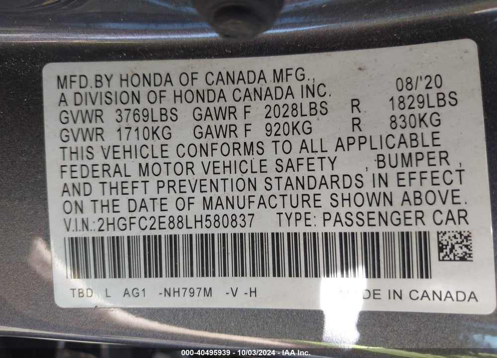 2020 HONDA CIVIC SPORT VIN: 2HGFC2E88LH580837