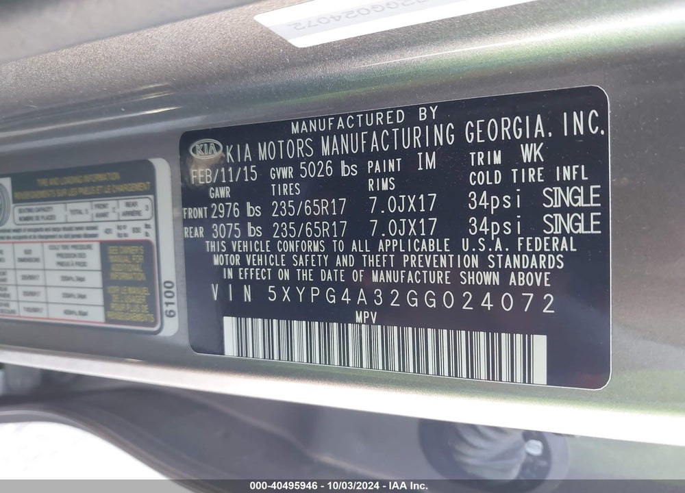 2016 KIA SORENTO 2.4L L VIN: 5XYPG4A32GG024072