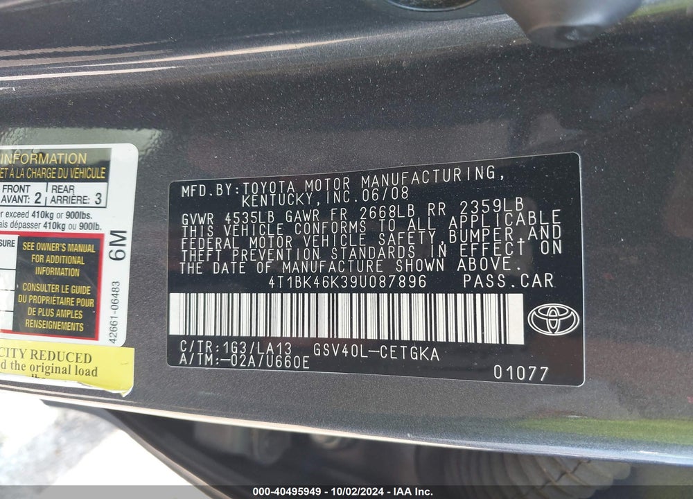2009 TOYOTA CAMRY XLE VIN: 4T1BK46K39U087896