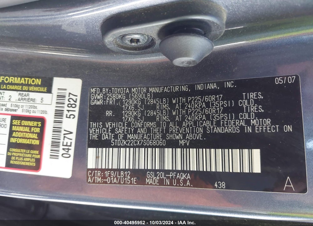 2007 TOYOTA SIENNA XLE VIN: 5TDZK22CX7S068060