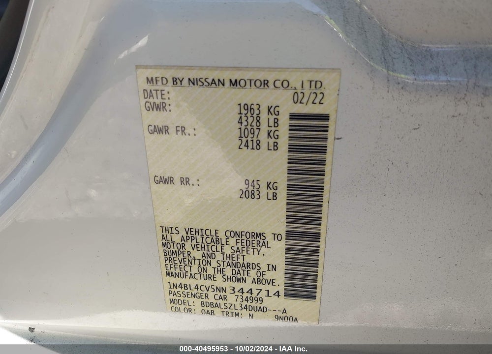 2022 NISSAN ALTIMA SR FWD VIN: 1N4BL4CV5NN344714