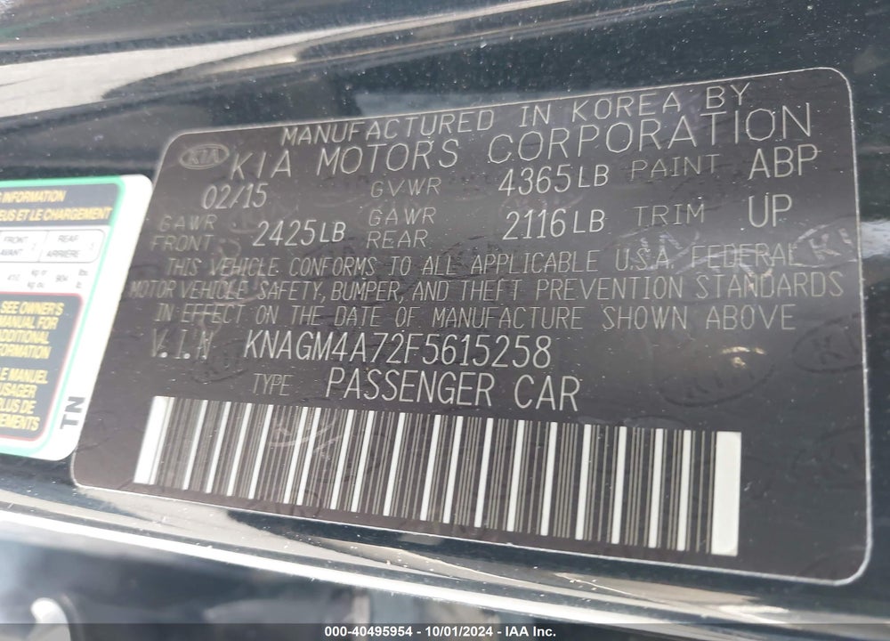 2015 KIA OPTIMA LX VIN: KNAGM4A72F5615258
