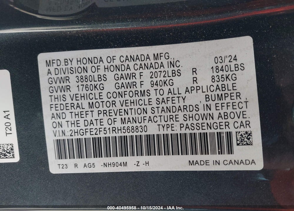 2024 HONDA CIVIC SPORT VIN: 2HGFE2F51RH568830