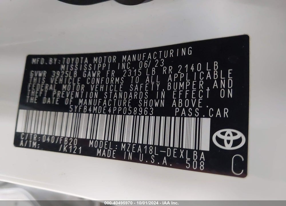2023 TOYOTA COROLLA LE VIN: 5YFB4MDE4PP058963