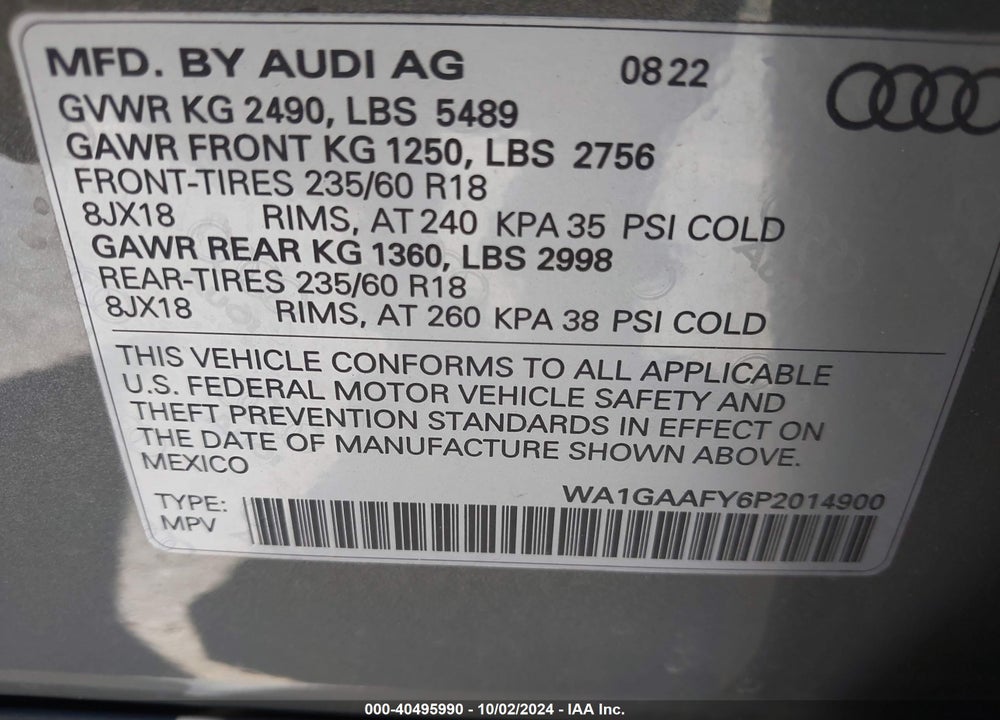 2023 AUDI Q5 PREMIUM 45 TFSI S LINE QUATTRO VIN: WA1GAAFY6P2014900