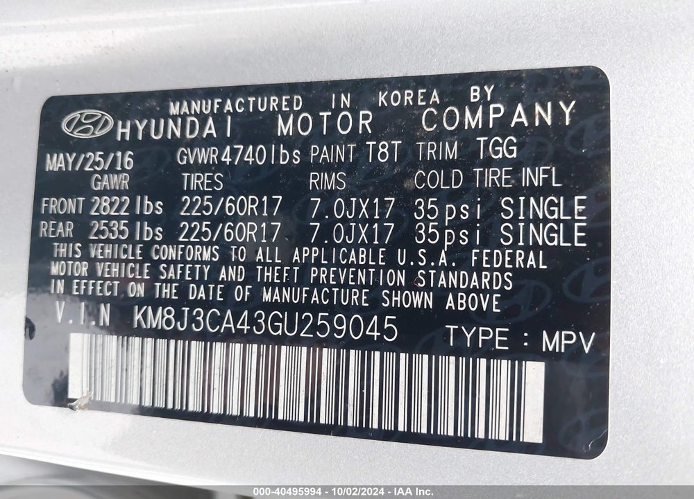 2016 HYUNDAI TUCSON SE VIN: KM8J3CA43GU259045