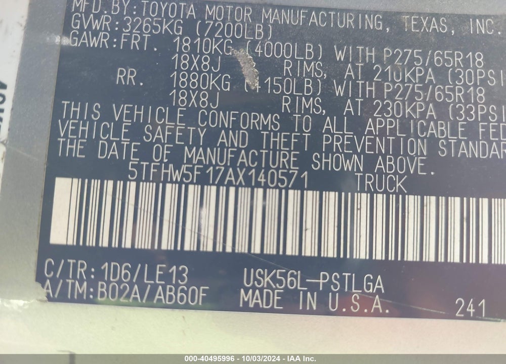 2010 TOYOTA TUNDRA VIN: 5TFHW5F17AX140571