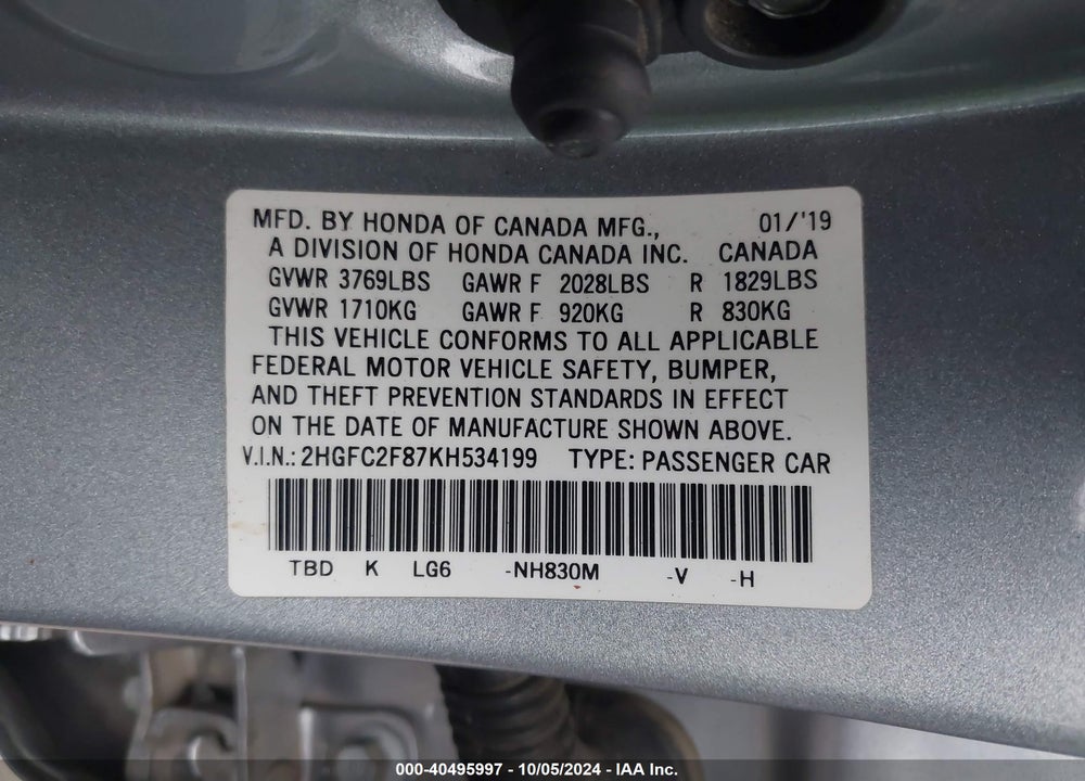2019 HONDA CIVIC SPORT VIN: 2HGFC2F87KH534199