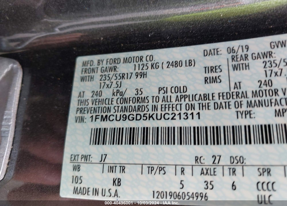 2019 FORD ESCAPE VIN: 1FMCU9GD5KUC21311
