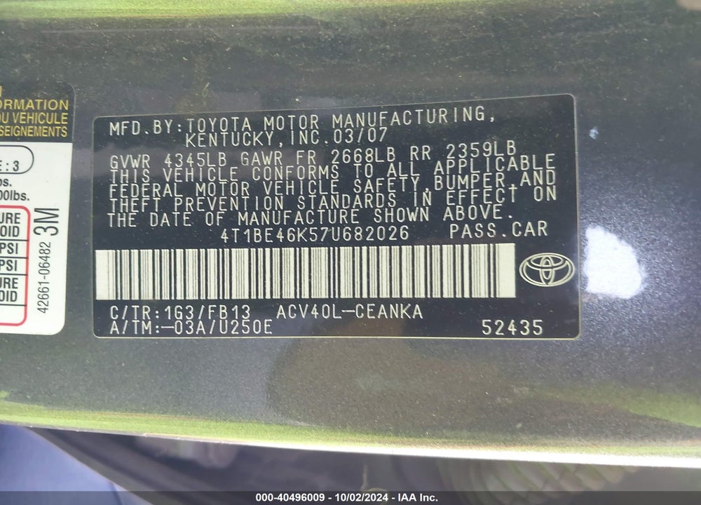 2007 TOYOTA CAMRY LE VIN: 4T1BE46K57U682026