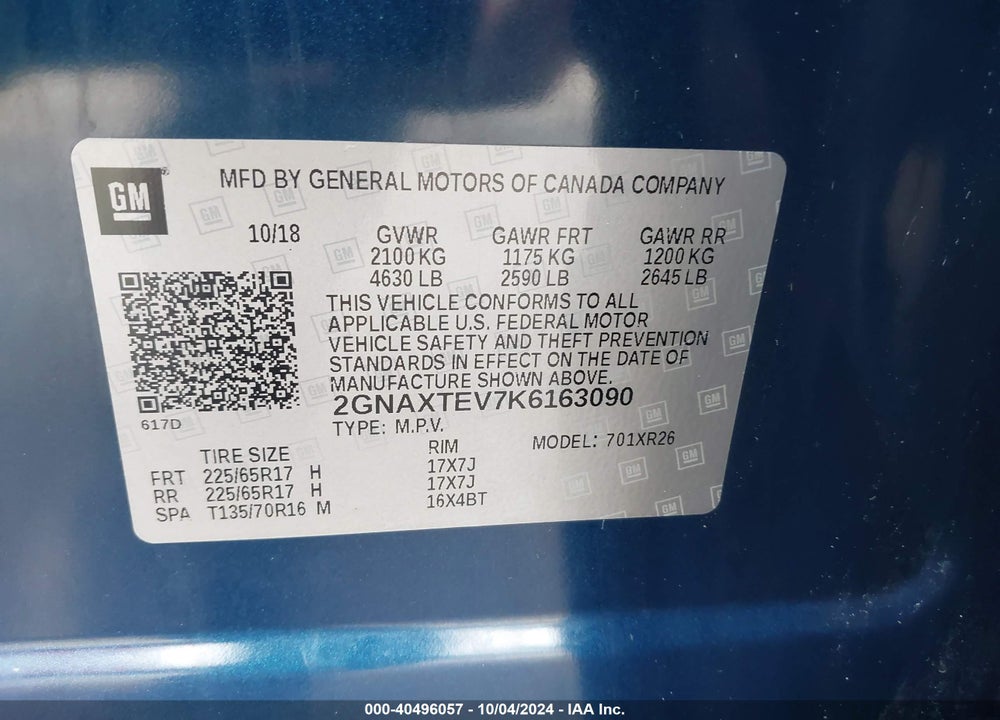2019 CHEVROLET EQUINOX LT VIN: 2GNAXTEV7K6163090
