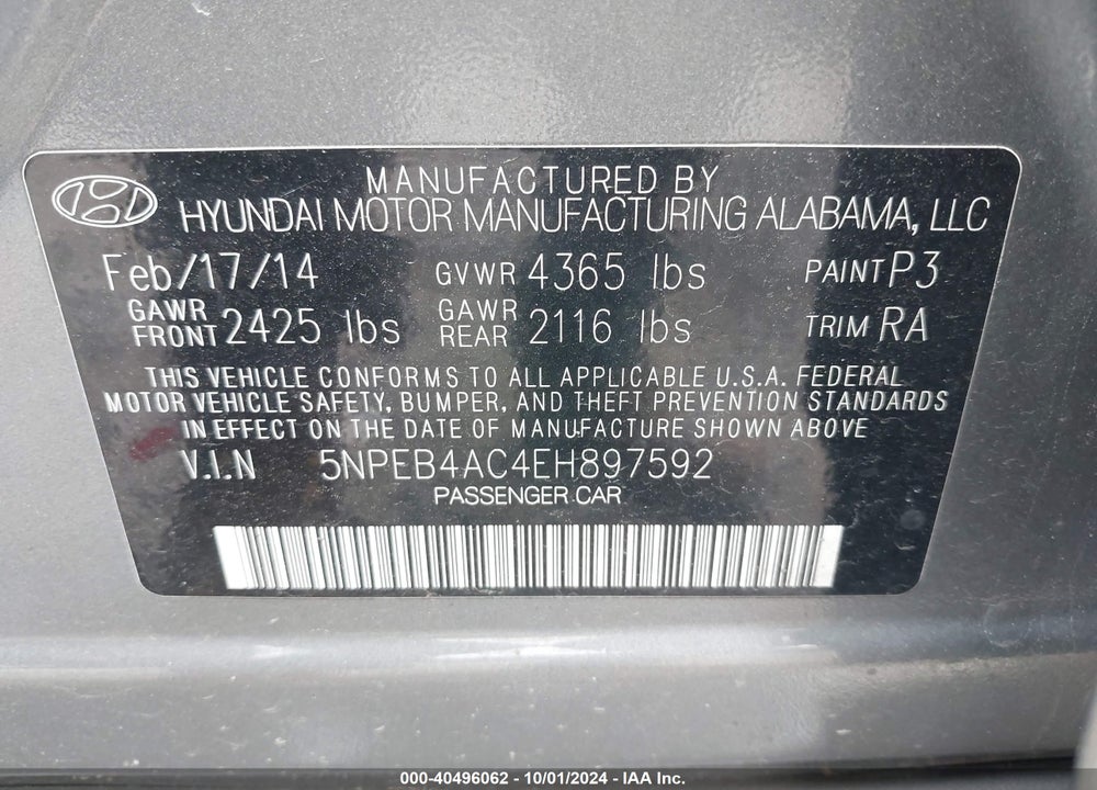 2014 HYUNDAI SONATA GLS VIN: 5NPEB4AC4EH897592