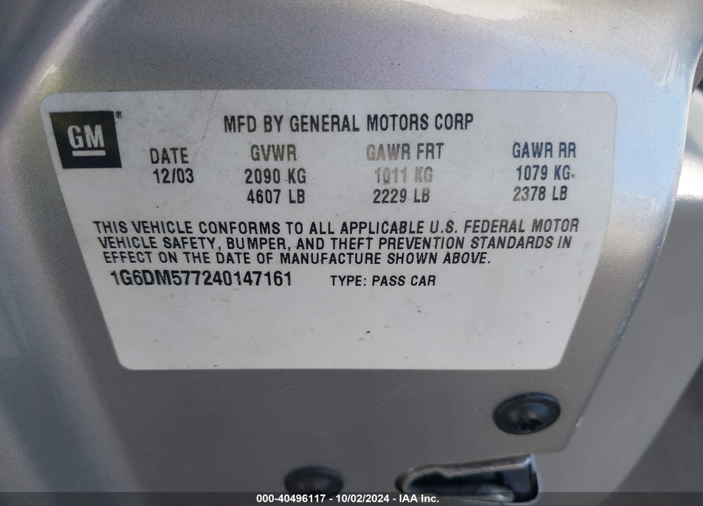 2004 CADILLAC CTS STANDARD VIN: 1G6DM577240147161