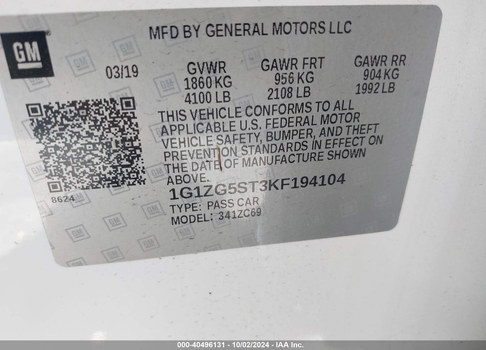 2019 CHEVROLET MALIBU RS VIN: 1G1ZG5ST3KF194104