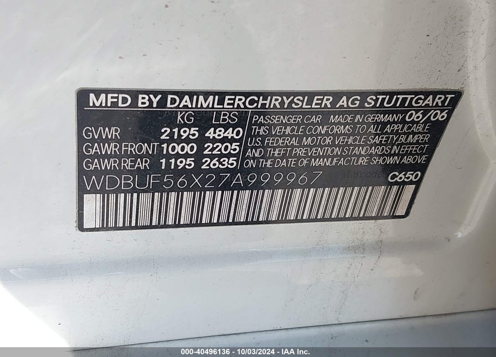 2007 MERCEDES-BENZ E 350 VIN: WDBUF56X27A999967
