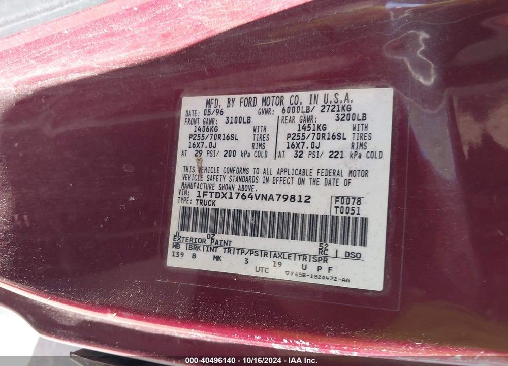 1997 FORD F-150 LARIAT/STANDARD/XL/XLT VIN: 1FTDX1764VNA79812