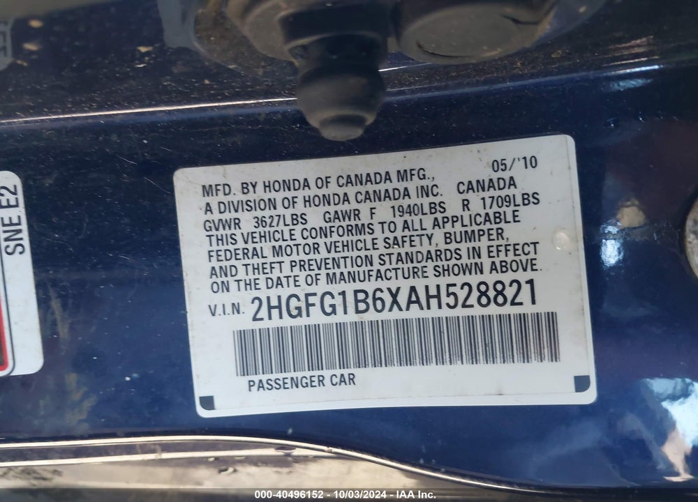 2010 HONDA CIVIC LX VIN: 2HGFG1B6XAH528821