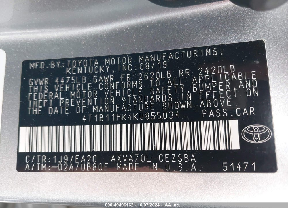 2019 TOYOTA CAMRY SE VIN: 4T1B11HK4KU855034
