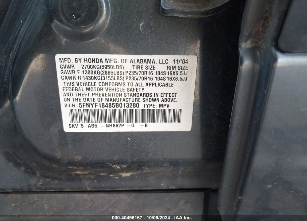 2005 HONDA PILOT EX VIN: 5FNYF18485B013280