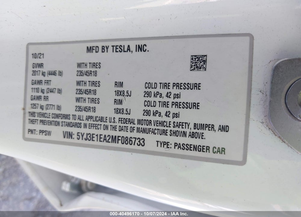 2021 TESLA MODEL 3 STANDARD RANGE PLUS REAR-WHEEL DRIVE VIN: 5YJ3E1EA2MF086733