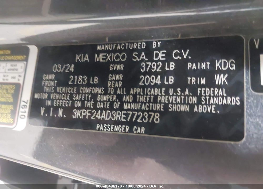 2024 KIA FORTE LXS VIN: 3KPF24AD3RE772378