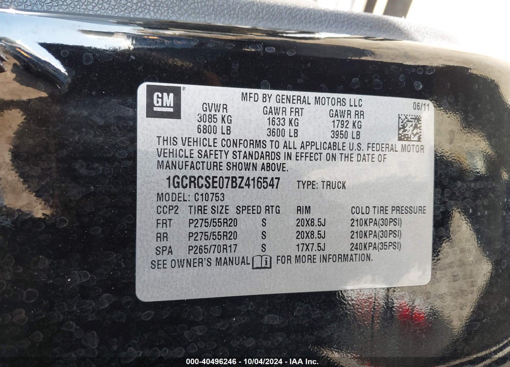 2011 CHEVROLET SILVERADO 1500 LT VIN: 1GCRCSE07BZ416547