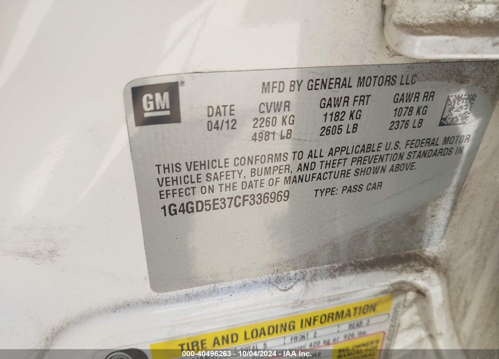 2012 BUICK LACROSSE PREMIUM 1 GROUP VIN: 1G4GD5E37CF336969