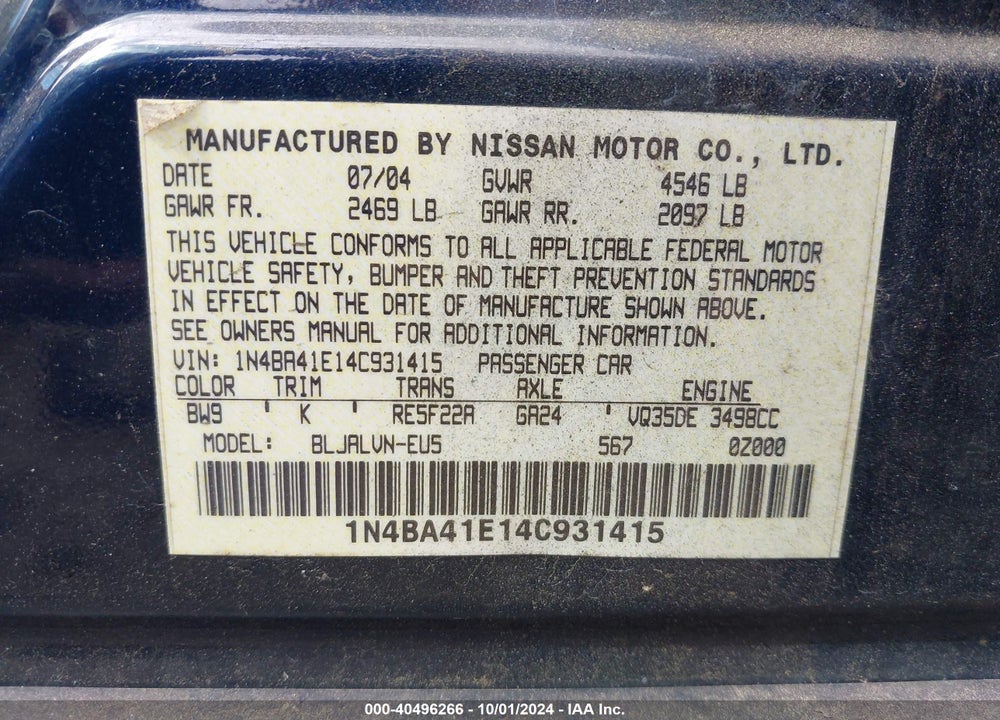 2004 NISSAN MAXIMA 3.5 SE VIN: 1N4BA41E14C931415