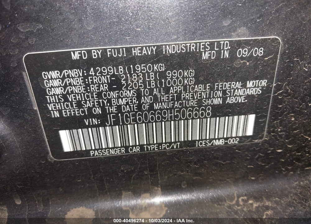 2009 SUBARU IMPREZA 2.5I VIN: JF1GE60669H506668