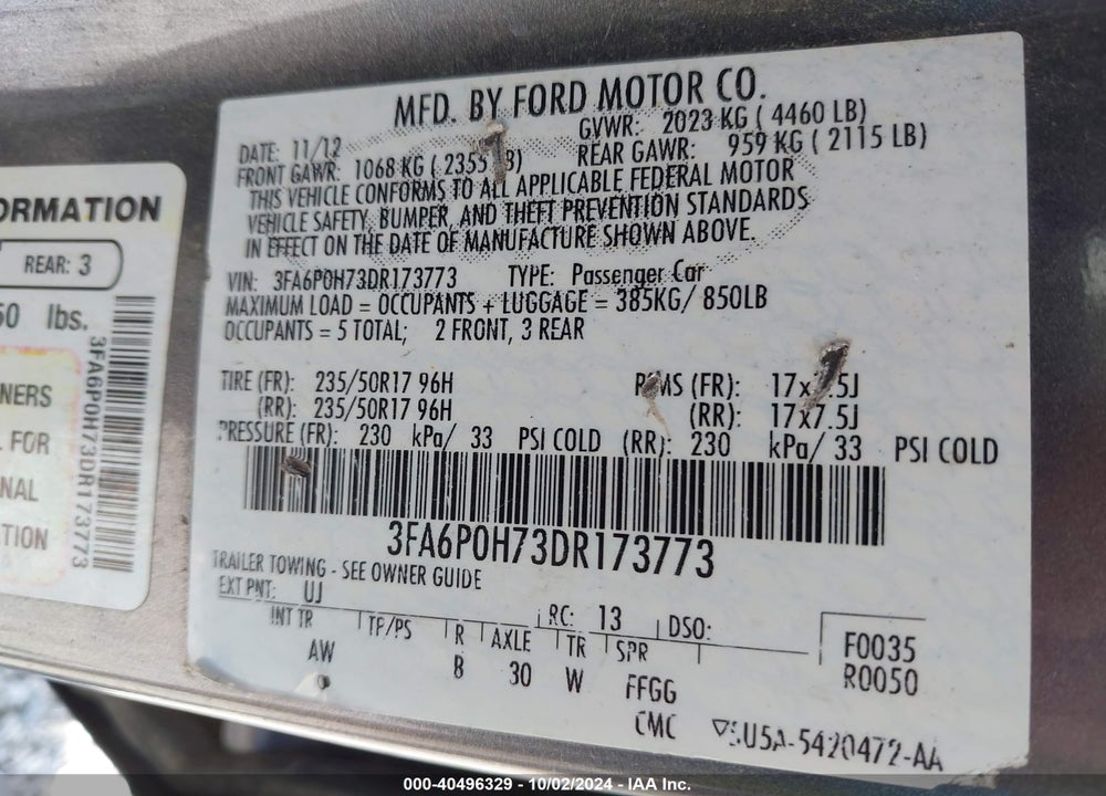 2013 FORD FUSION SE VIN: 3FA6P0H73DR173773