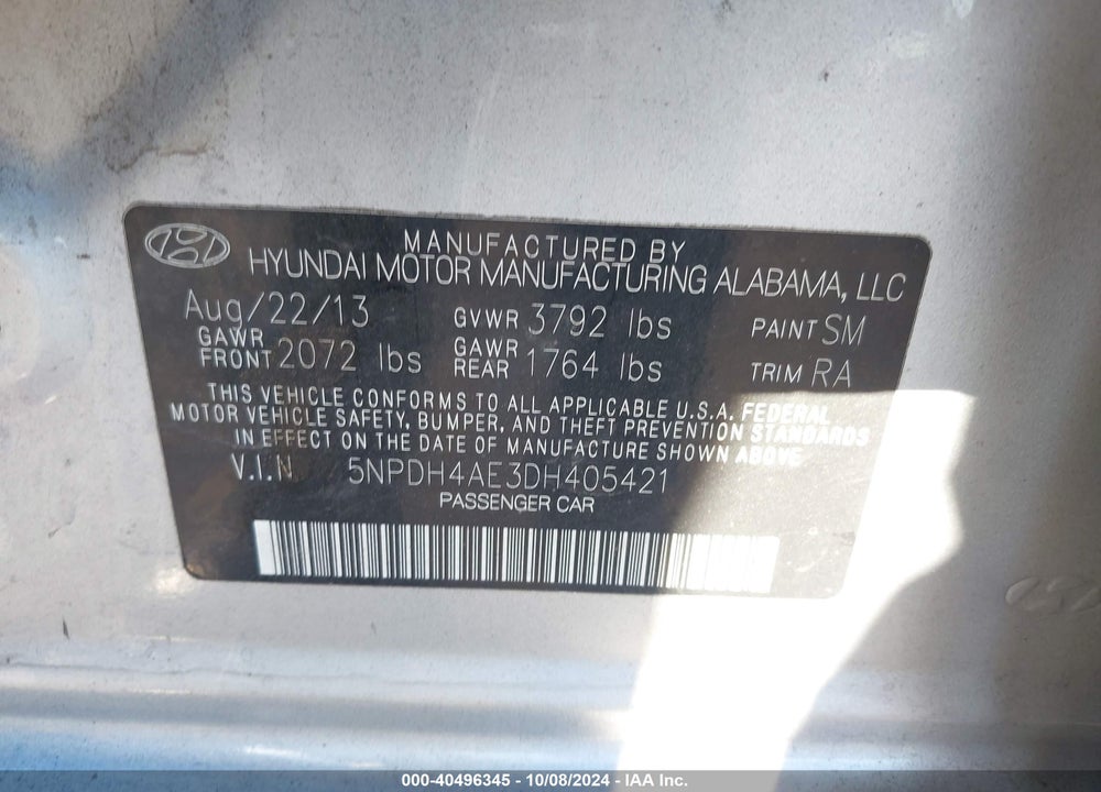 2013 HYUNDAI ELANTRA GLS VIN: 5NPDH4AE3DH405421