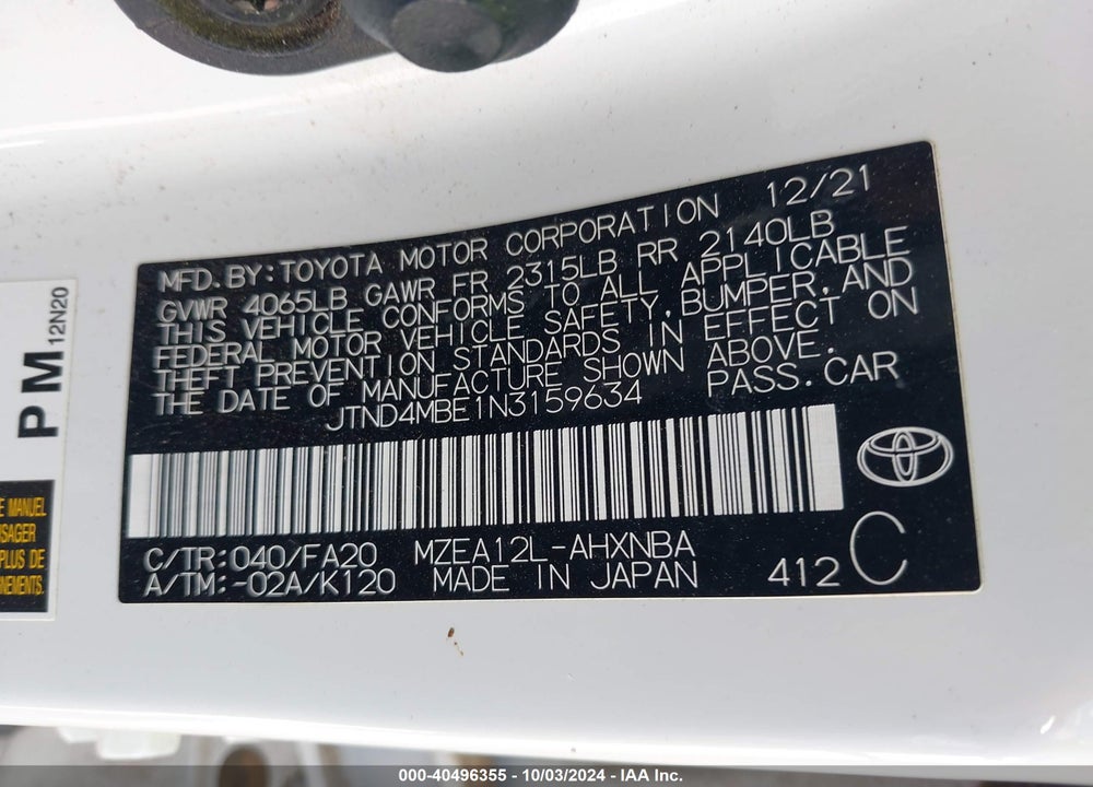2022 TOYOTA COROLLA SE NIGHTSHADE EDITION VIN: JTND4MBE1N3159634