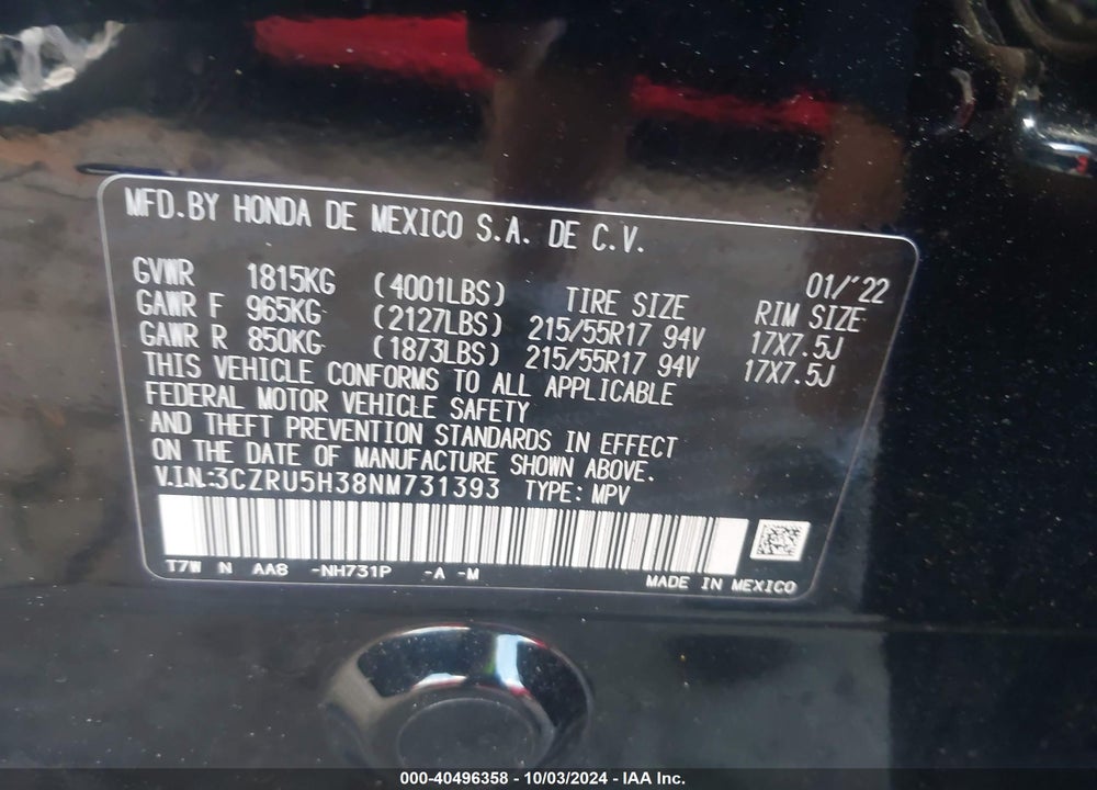 2022 HONDA HR-V 2WD LX VIN: 3CZRU5H38NM731393