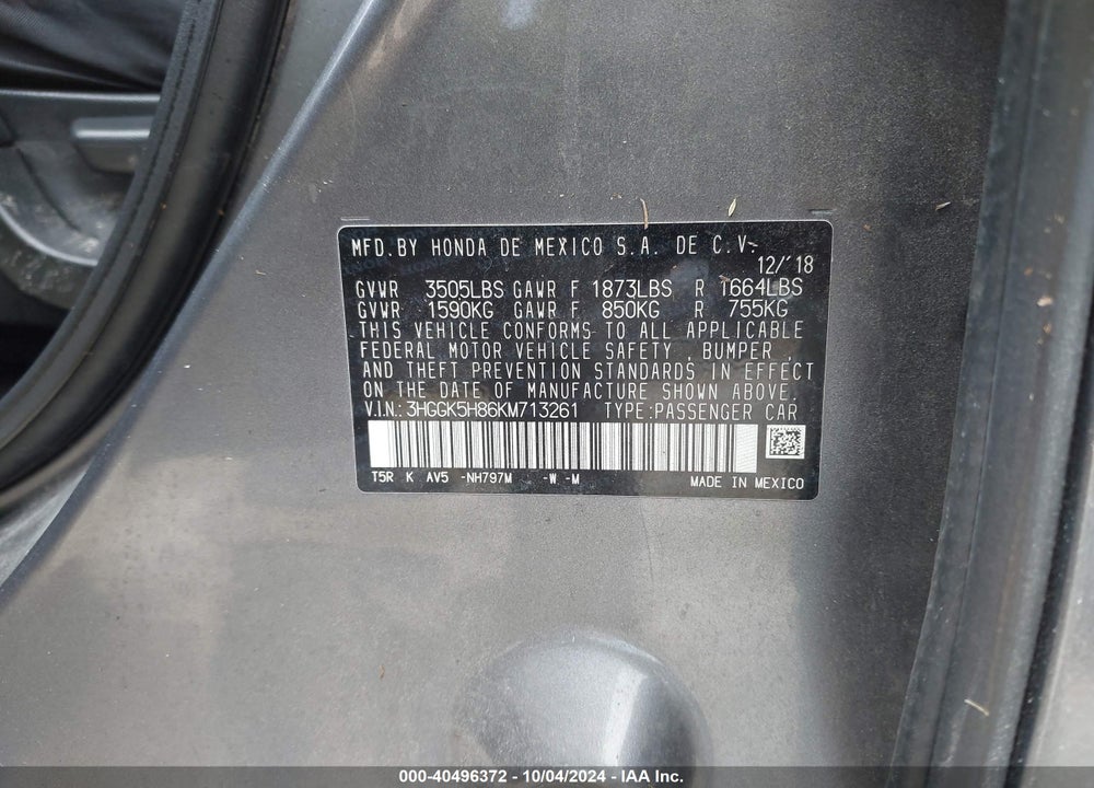 2019 HONDA FIT EX VIN: 3HGGK5H86KM713261