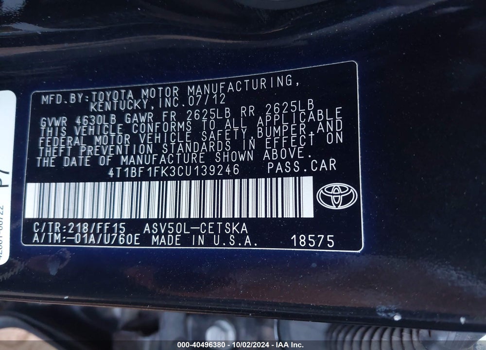 2012 TOYOTA CAMRY SE VIN: 4T1BF1FK3CU139246