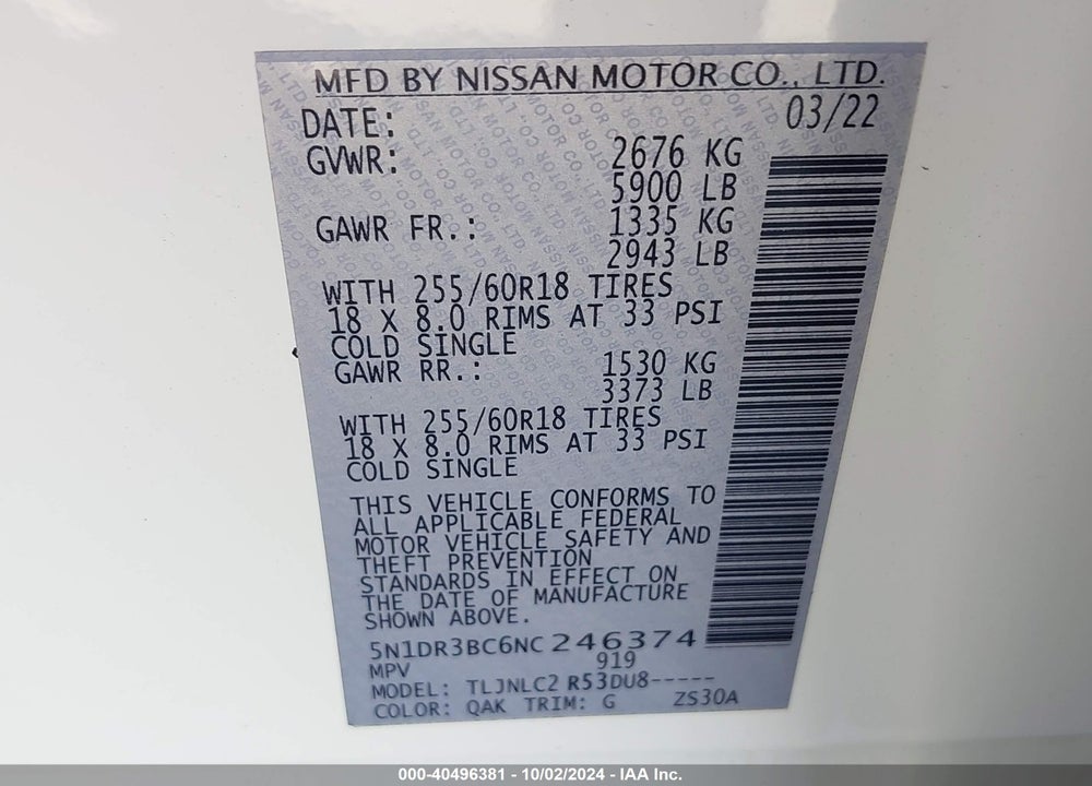 2022 NISSAN PATHFINDER SV 4WD VIN: 5N1DR3BC6NC246374