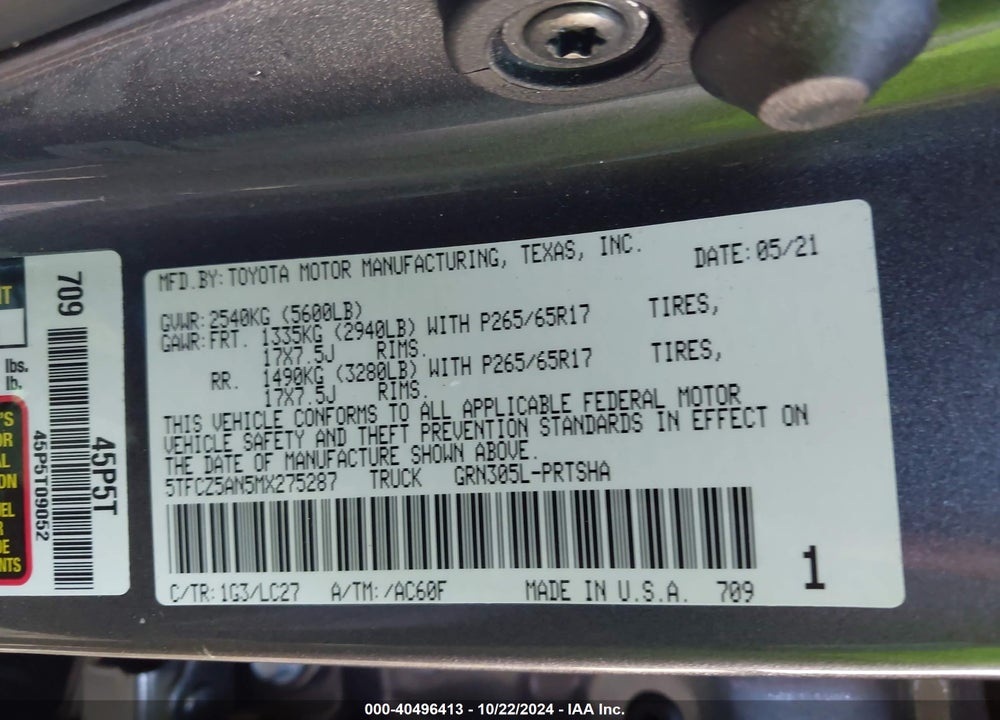 2021 TOYOTA TACOMA TRD SPORT VIN: 5TFCZ5AN5MX275287