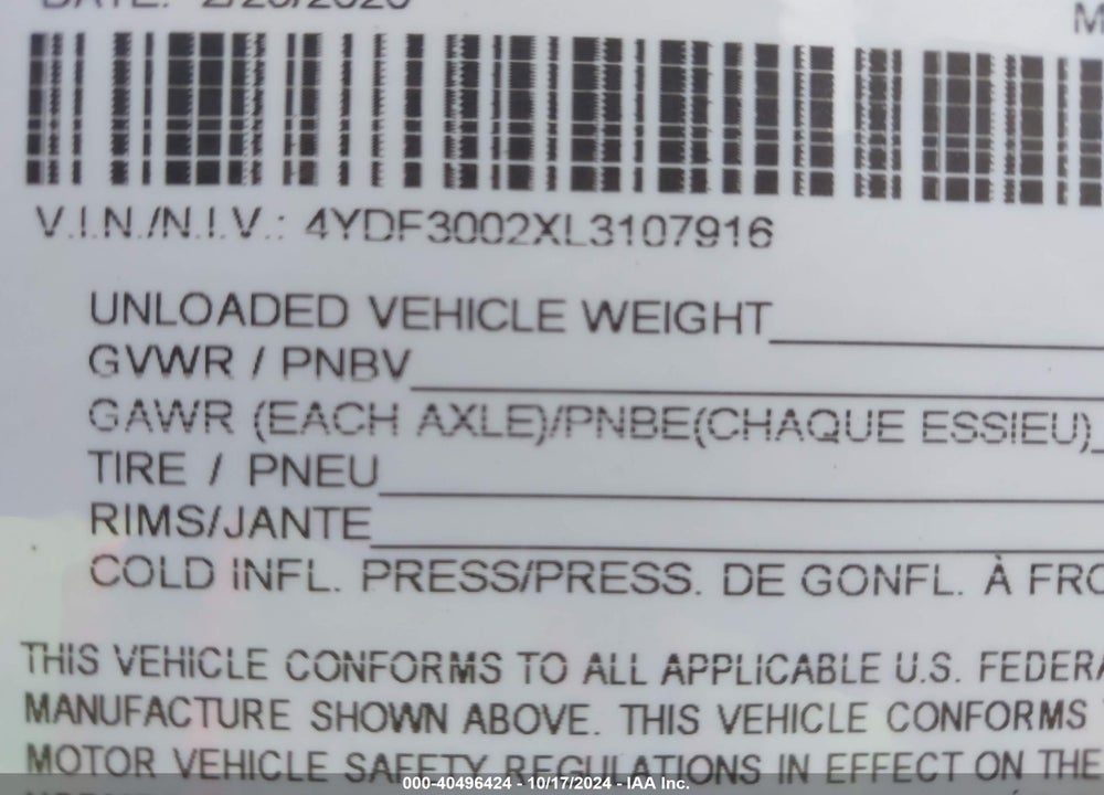 2019 KEYSTONE TRAVEL TRLR VIN: 4YDF3002XL3107916