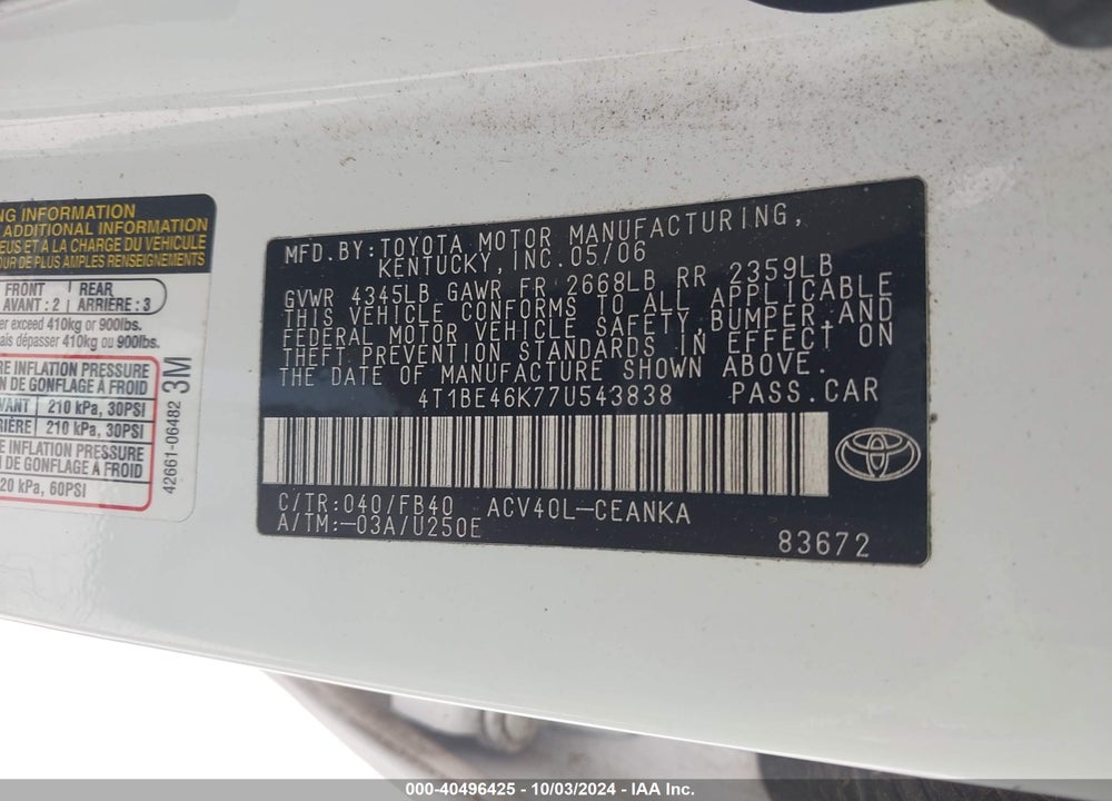 2007 TOYOTA CAMRY CE VIN: 4T1BE46K77U543838