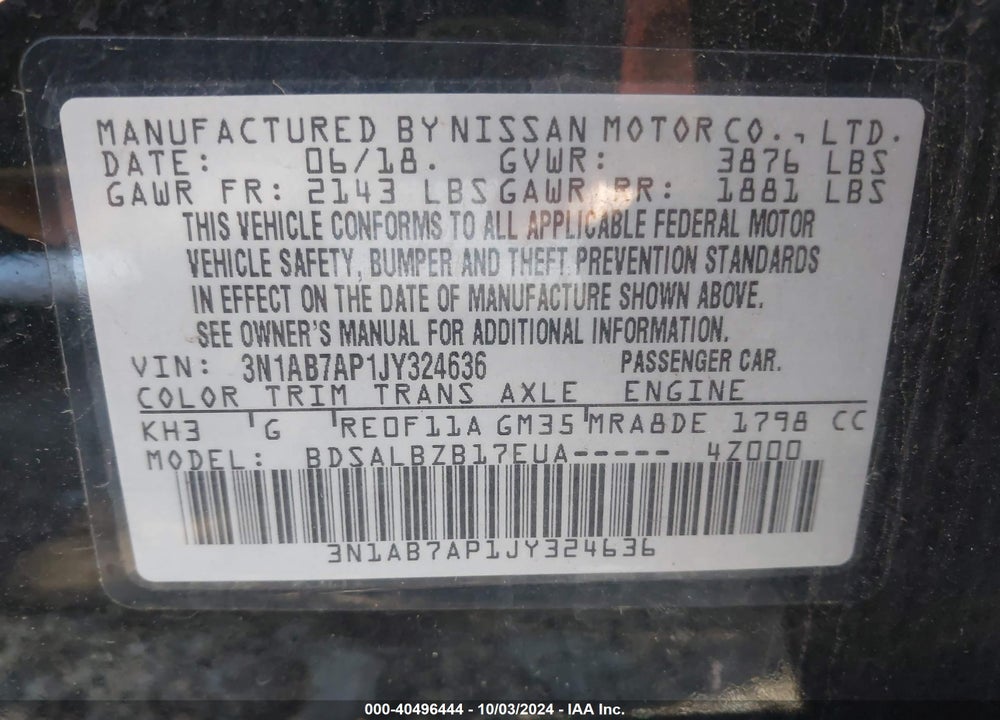 2018 NISSAN SENTRA S VIN: 3N1AB7AP1JY324636