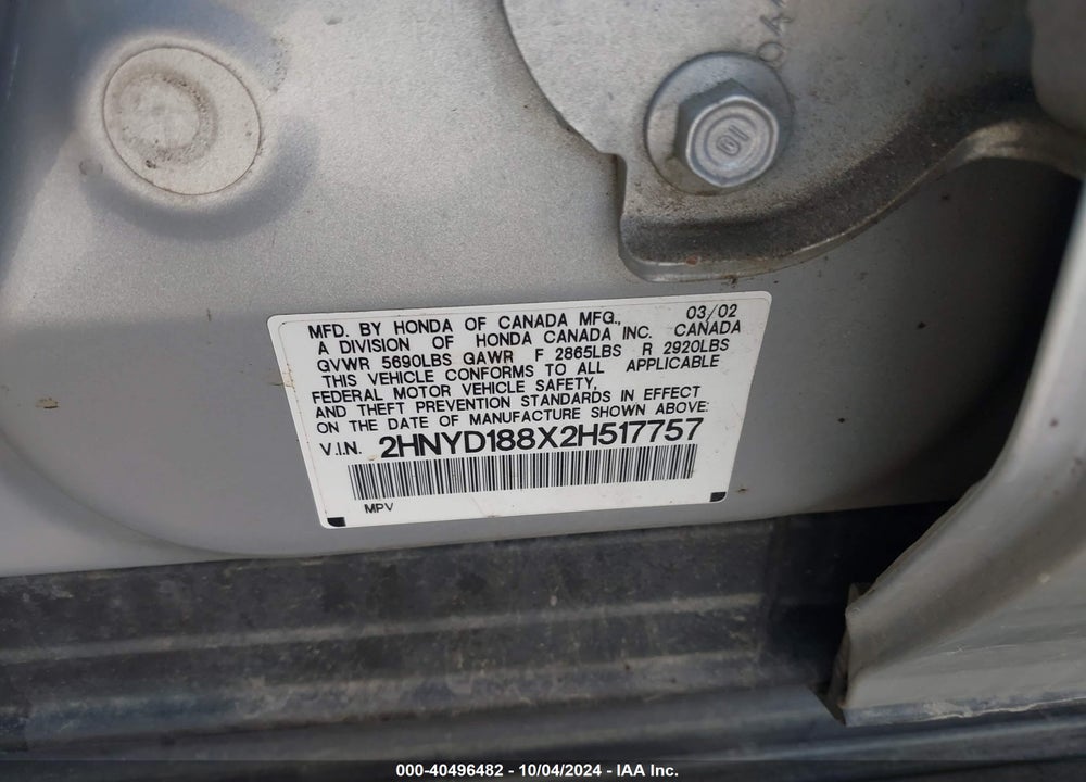 2002 ACURA MDX VIN: 2HNYD188X2H517757