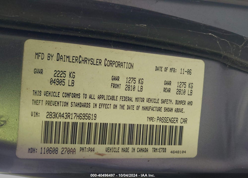 2007 DODGE CHARGER VIN: 2B3KA43R17H695619