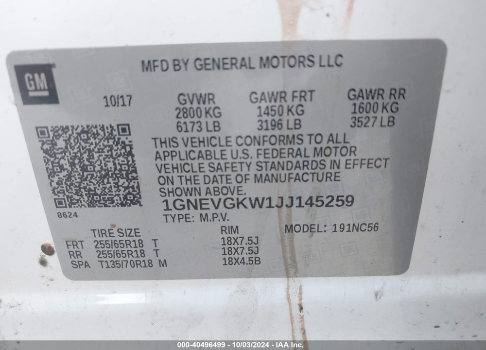 2018 CHEVROLET TRAVERSE 1LT VIN: 1GNEVGKW1JJ145259