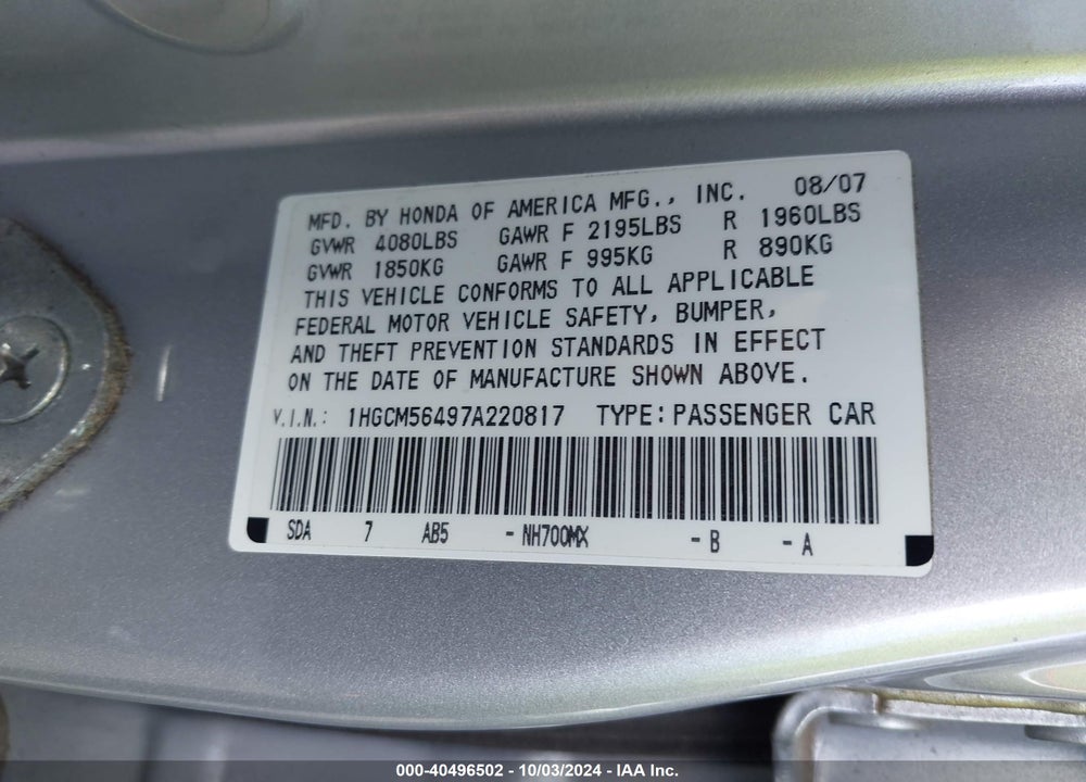 2007 HONDA ACCORD 2.4 LX VIN: 1HGCM56497A220817