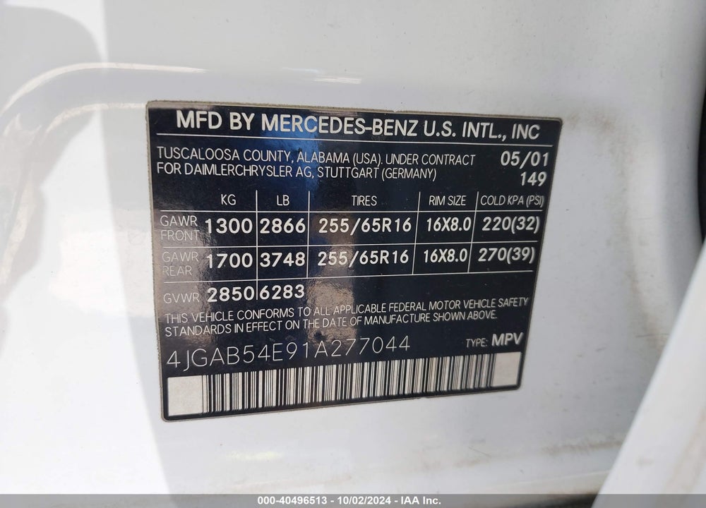 2001 MERCEDES-BENZ ML 320 VIN: 4JGAB54E91A277044