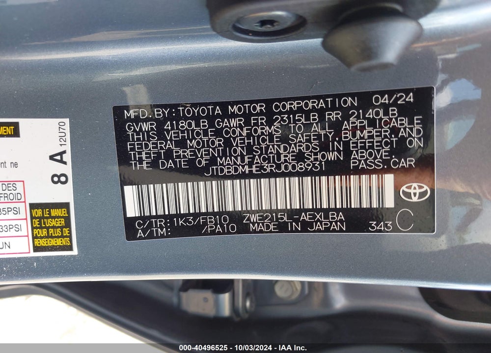 2024 TOYOTA COROLLA HYBRID LE VIN: JTDBDMHE3RJ008931