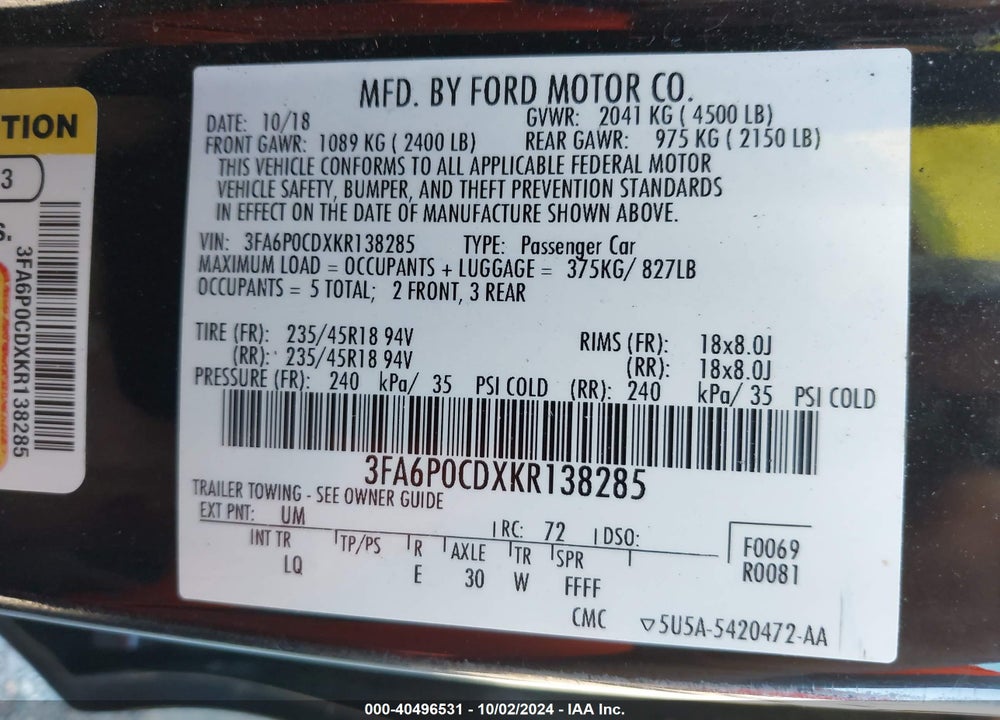 2019 FORD FUSION SEL VIN: 3FA6P0CDXKR138285