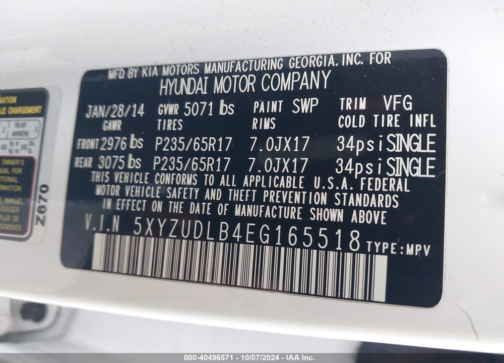 2014 HYUNDAI SANTA FE SPORT 2.4L VIN: 5XYZUDLB4EG165518