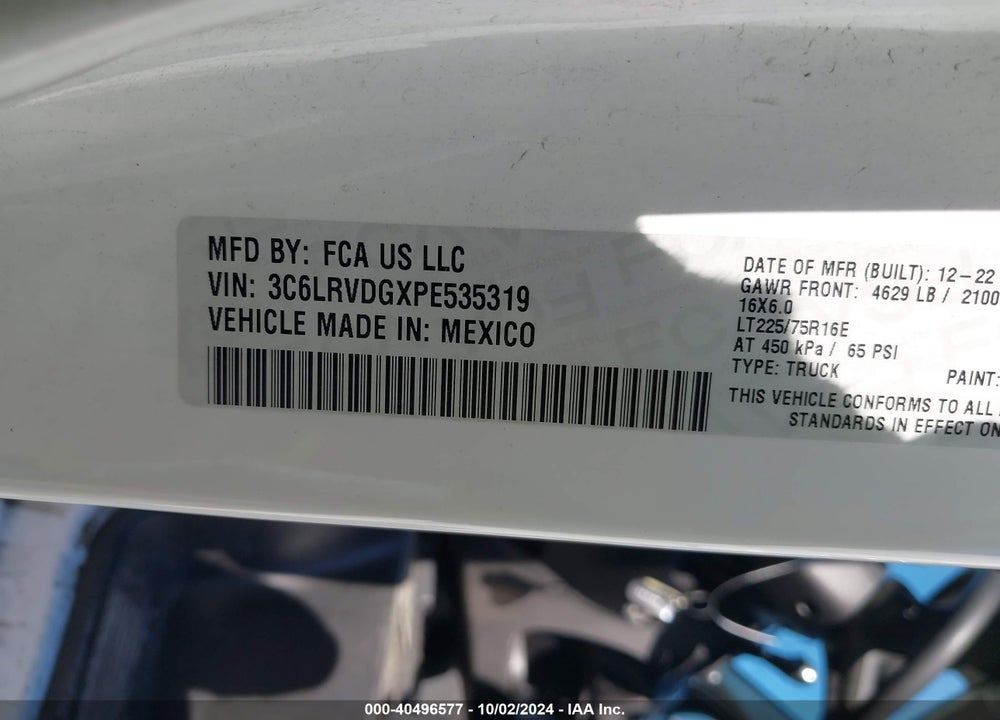 2023 RAM PROMASTER 2500 HIGH ROOF 159 WB VIN: 3C6LRVDGXPE535319